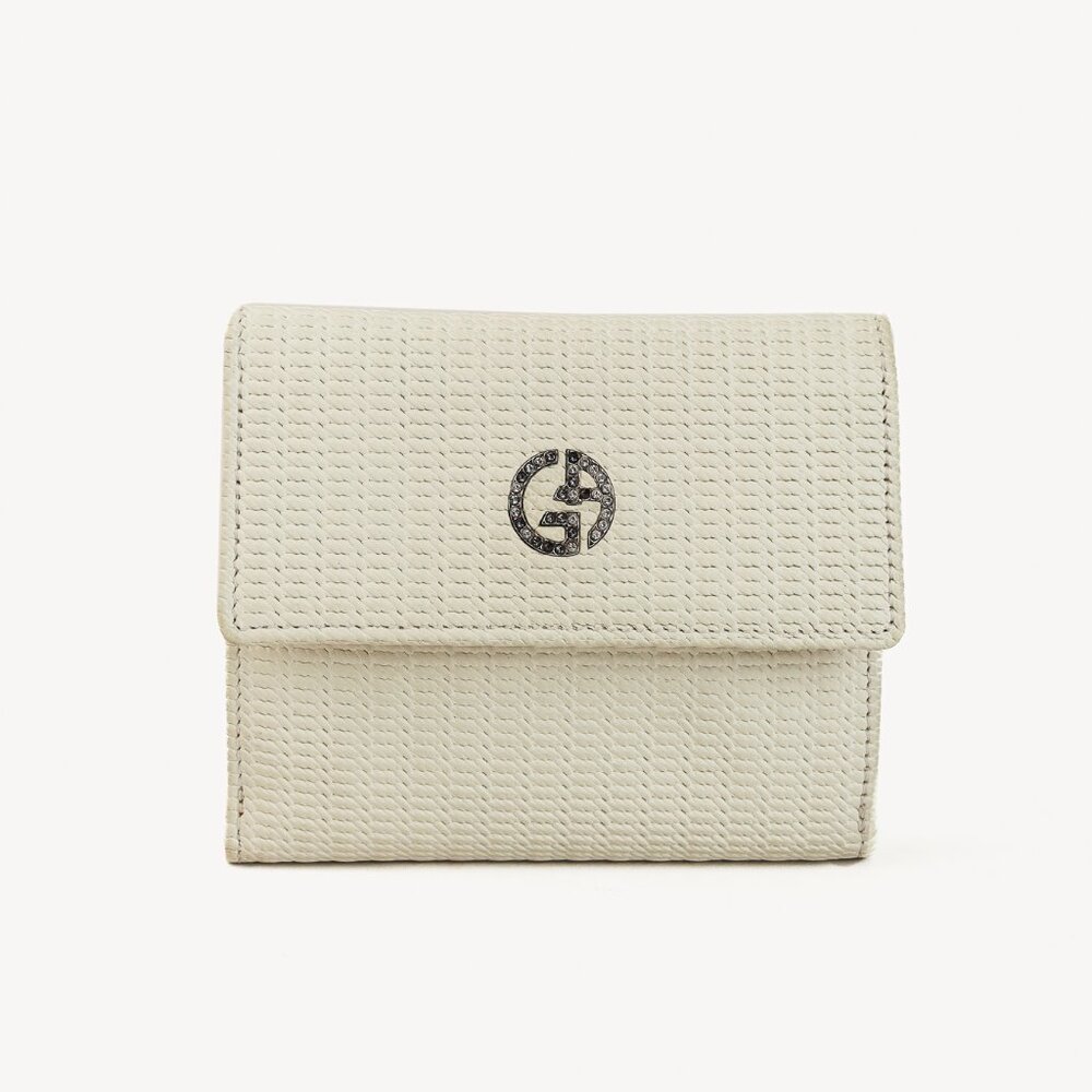 Giorgio Armani Cream Textured-Faux-Leather Crystal-Logo Compact Wallet